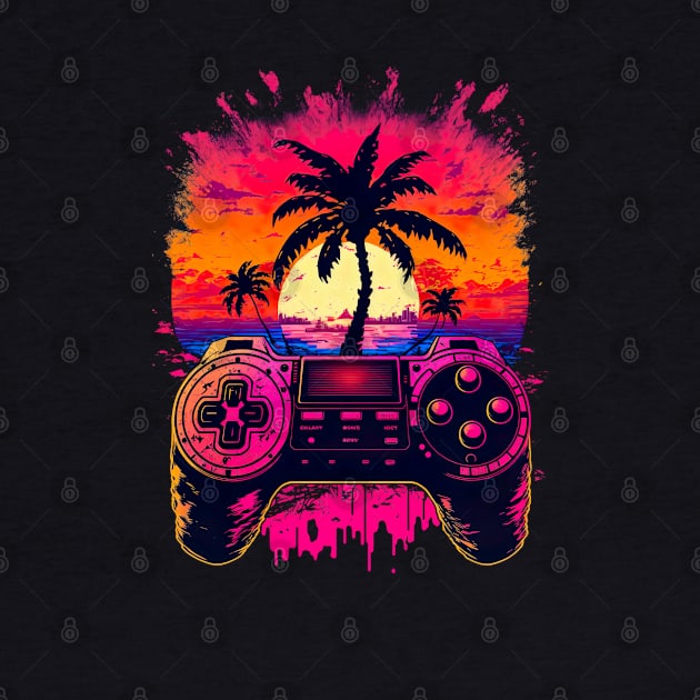 Gaming Controller Over Tropical Synthwave Sun by Nightarcade